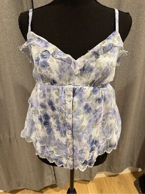 Hollister Floral Ruffled Spaghetti-Strap Tank Top - Blue/White - Size Small